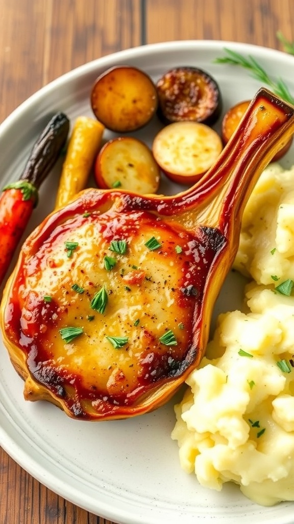 Easy Air Fryer Bone-In Pork Chops Recipe Juicy air fryer bone-in pork chops served with vegetables on a rustic table.